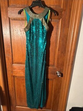 Emerald Sequin Halter Evening Dress with Gold Accents